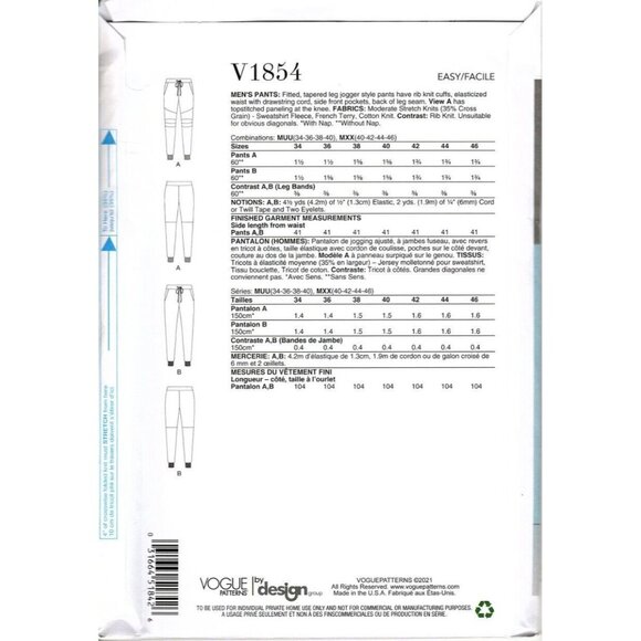 Vogue V1854 Mens 40 to 46 Jogger Style Pants Uncut Sewing Pattern - Picture 2 of 2